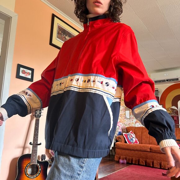 1990s retro color blocked embroidered drop sleeve windbreaker with boat flags - - Picture 11 of 13